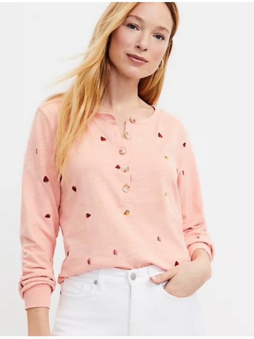 Loft M Peach embroidered strawberries 1/2 button down long sleeve cotton popover
